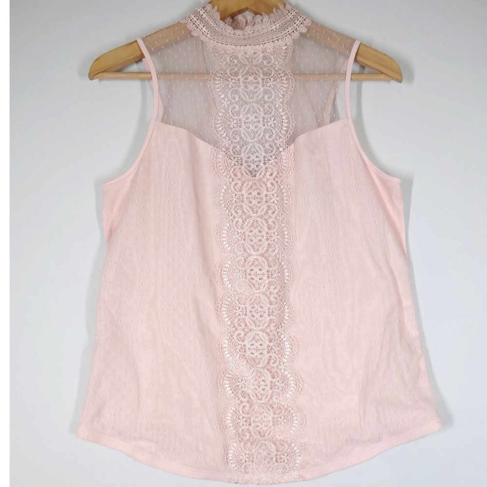 Express Lace Blouse Womens Medium Pink Mesh Mock Neck Romantic Coquette Top